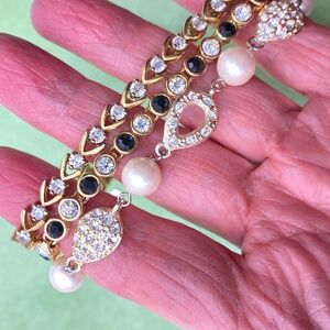 Bracelets Bundle Of Three Rhinestones Pearls Gold & Silver Tone 7"-8"